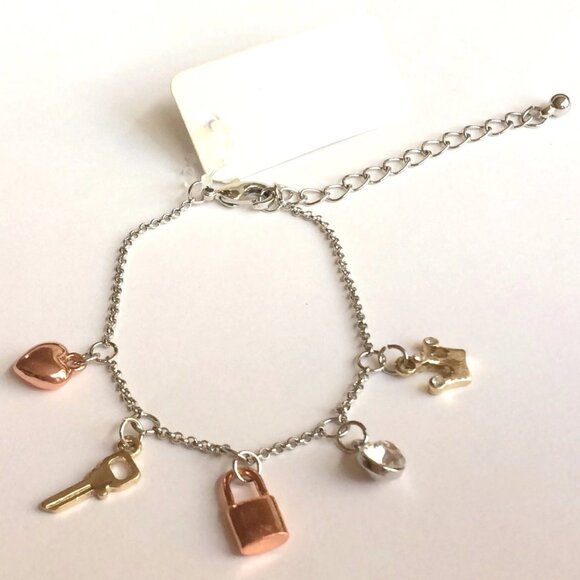 Heart Lock Key Crown Charm Bracelet Anklet 6-8" Love Queen Tri Color Gold Plated - Picture 9 of 12